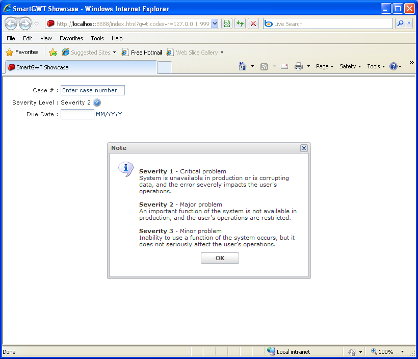Hints provide guidance to the user filling out the form (Smart GWT)